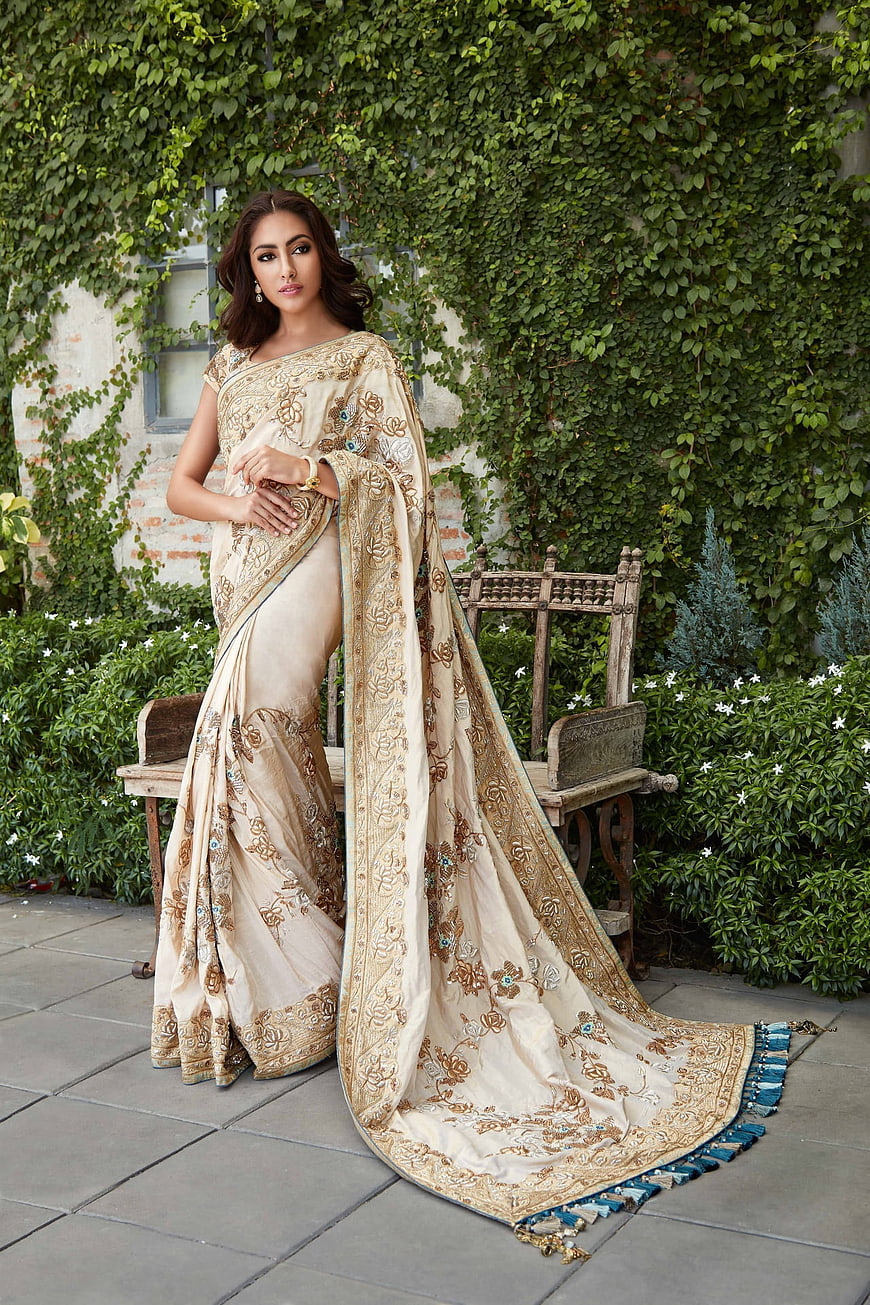 Elegant Woman Wearing Ivory Banarasi Silk Saree With Gold Embroidery