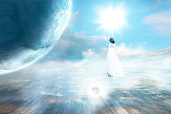 Woman in white dress reaching for light near planet