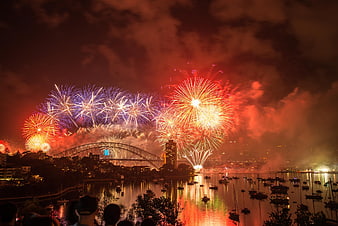Spectacular New Year fireworks over Sydney Harbour Bridge at night