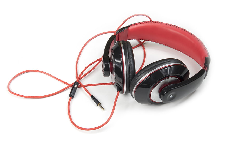 Red and Black Wired Headphones on White Background