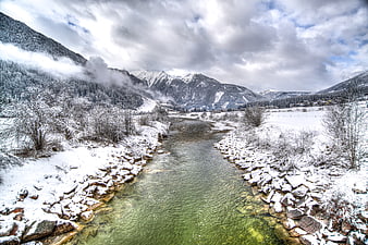 Snowy Mountain River in Winter Landscape