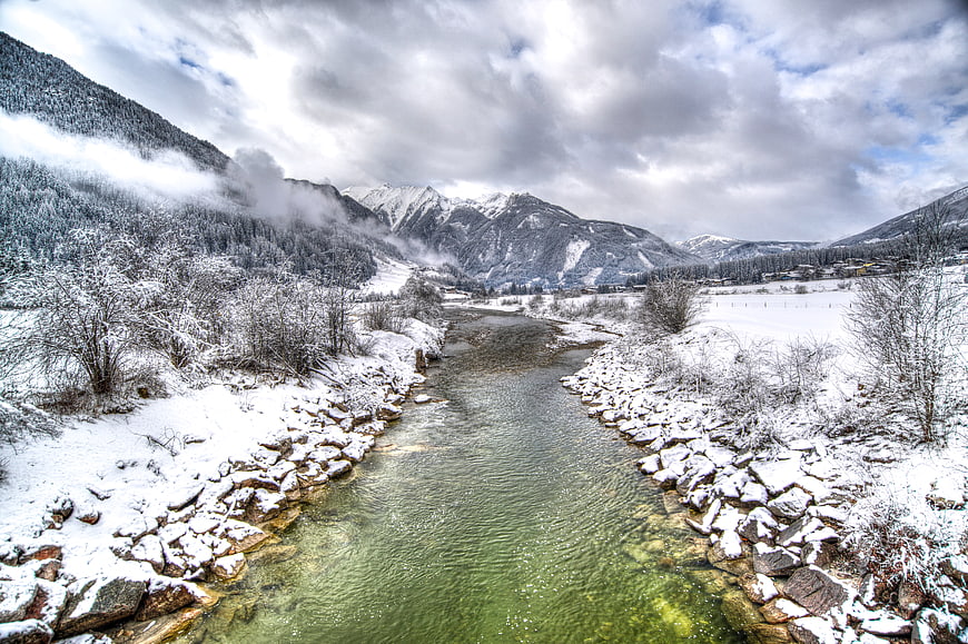 Snowy Mountain River in Winter Landscape