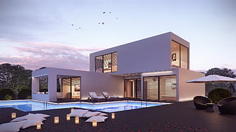 Modern white villa with pool at dusk