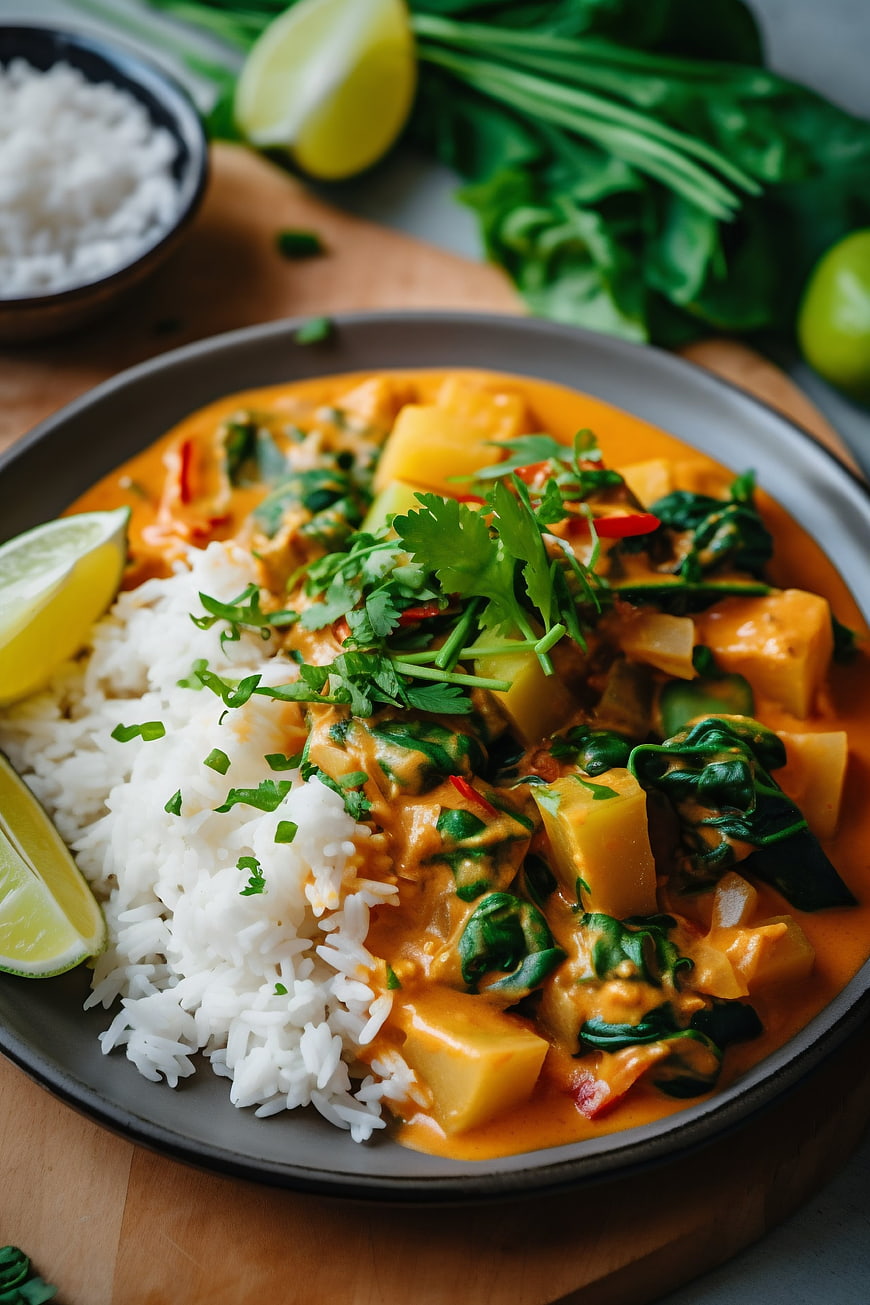 Vegan Thai Curry with Rice and Fresh Herbs