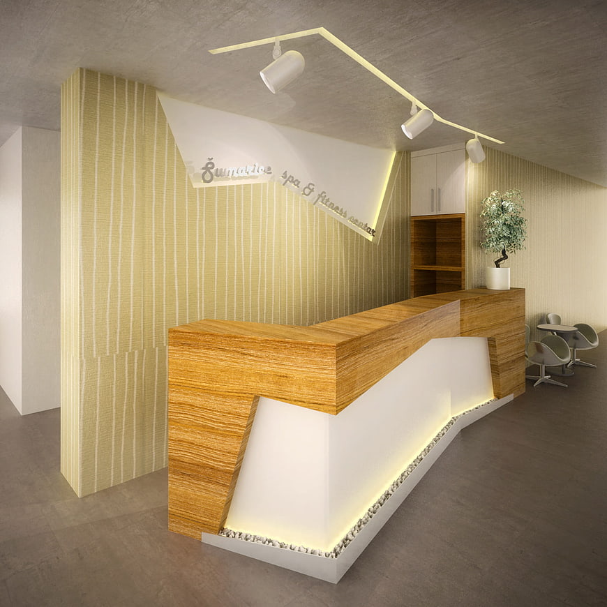 Modern spa reception desk with wooden and white design