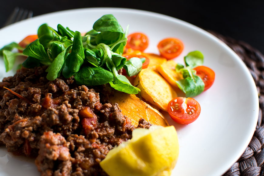 Paleo ground beef with sweet potato and salad