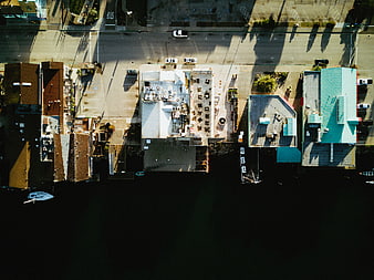 Aerial View of Waterfront Buildings and Parking Lot