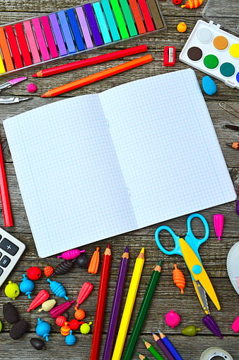 Colorful School Supplies Flat Lay on Rustic Wooden Table