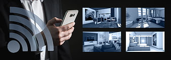 Smart Home Control Concept With Man Using Smartphone And Interior Views