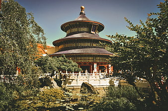 Traditional Chinese Temple with Pond and Garden