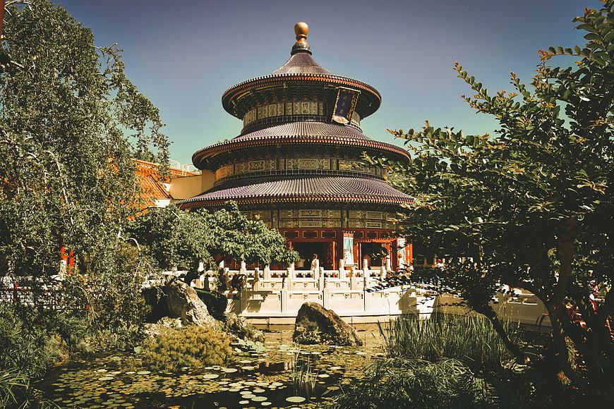 Traditional Chinese Temple with Pond and Garden