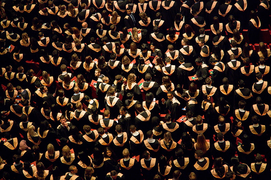 High Angle View of Graduates in Black and Gold Gowns