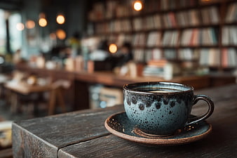 Ceramic Coffee Cup on Rustic Wooden Table in Cozy Cafe