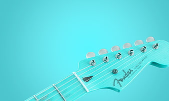 Turquoise Fender Stratocaster Guitar Headstock on Blue Background