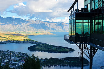 Modern Glass Building Overlooking Lake Wakatipu and Mountains