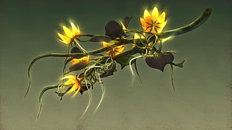 Glowing yellow fantasy flowers on dark vine branch