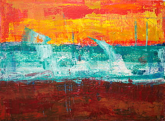 Abstract Oil Painting with Vibrant Sunset and Ocean Waves