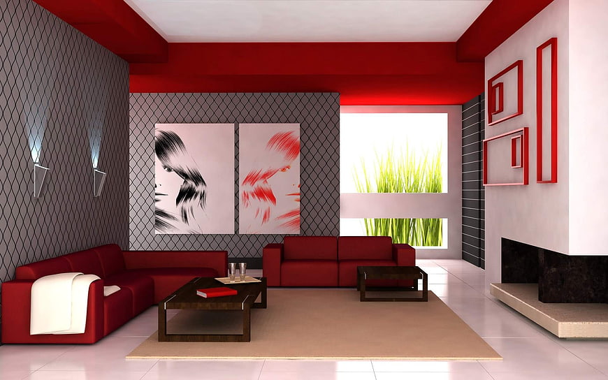 Modern Red and White Living Room Interior Design