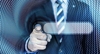Hand holding magnifying glass over digital search bar