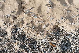 Top view of sandy beach with scattered pebbles and stones