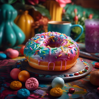 Colorful Glazed Donut with Sprinkles and Candy