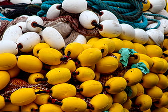 Close-up of yellow and white fishing buoys with nets