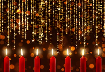 Red Candles With Golden Bokeh And Sparkling Beads