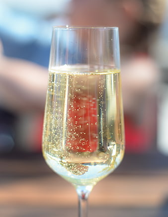 Close-up of champagne glass with bubbles and blurred background