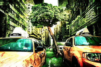 Apocalyptic NYC Street Scene With Overgrown Tree And Taxis
