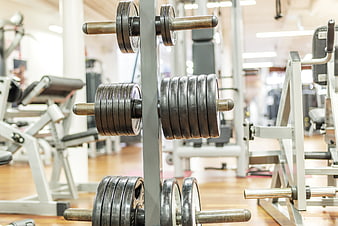 Dumbbells on a rack in a modern gym with blurred background