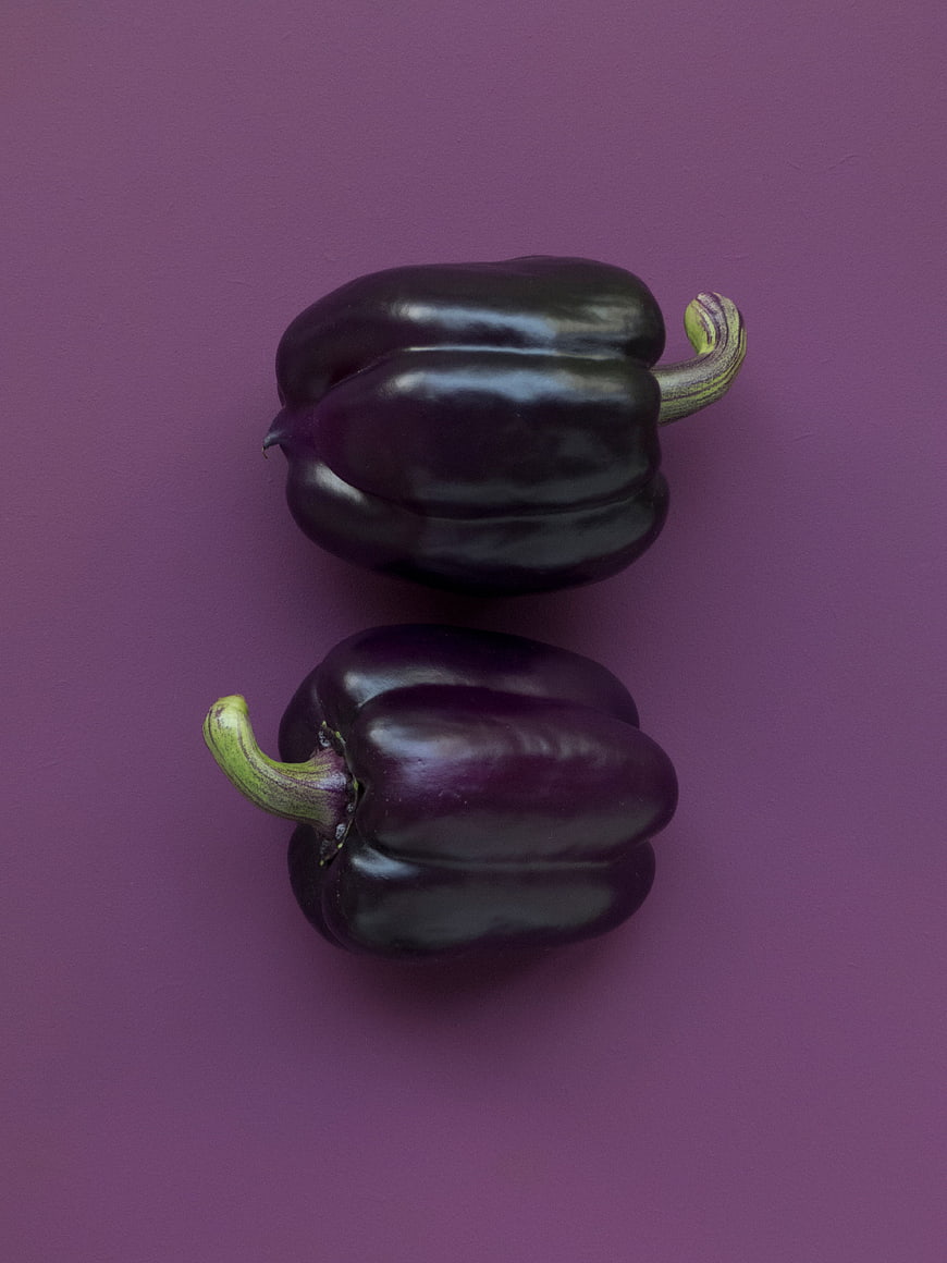Two purple bell peppers on a purple background