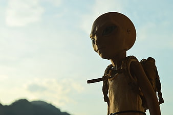 Alien Tourist with Backpack Against Sunset Sky