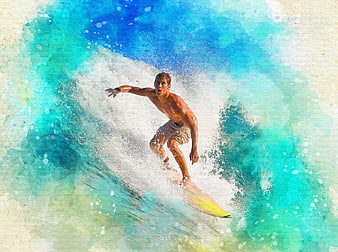 Surfer Riding Wave With Watercolor Background Effect