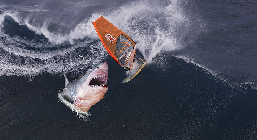 Aerial view of windsurfer dodging giant shark in ocean