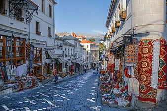 Historic Cobblestone Street in Gjirokaster, Albania