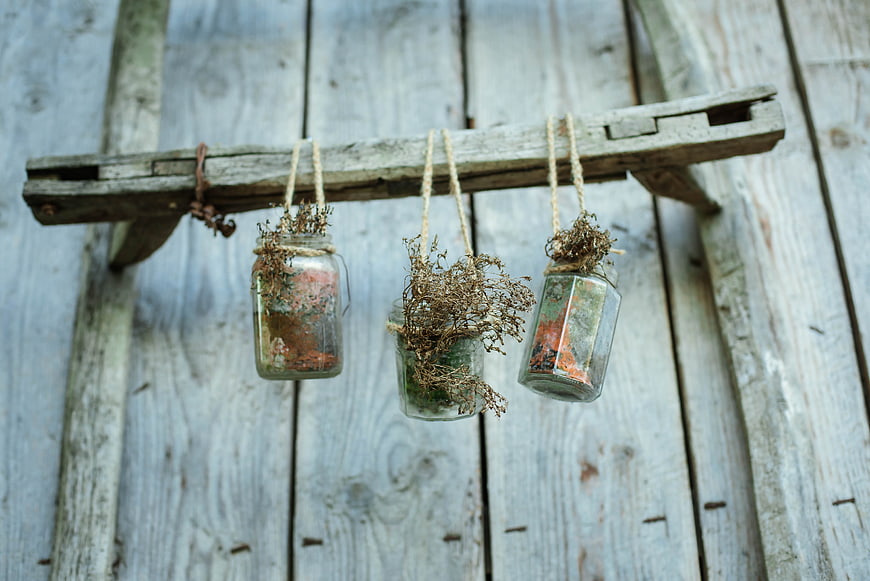 Rustic dried flowers in hanging glass jars on wooden wall