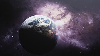 Planet Earth in Space with Purple Galaxy Background