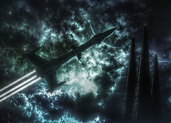Futuristic Spaceship Flying Through Nebula Near Towering Space Structures