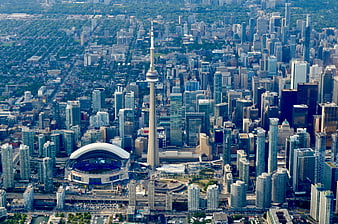 Aerial View of Toronto Skyline Featuring CN Tower and Rogers Centre