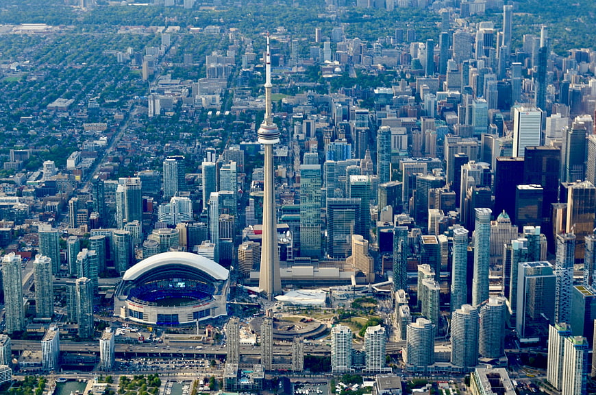 Aerial View of Toronto Skyline Featuring CN Tower and Rogers Centre