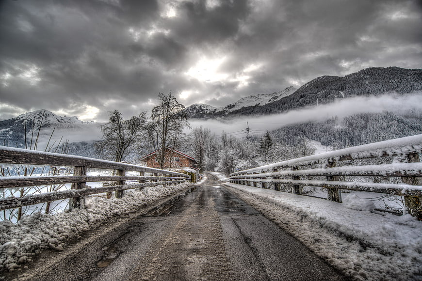 Snowy Mountain Bridge Road Winter Landscape