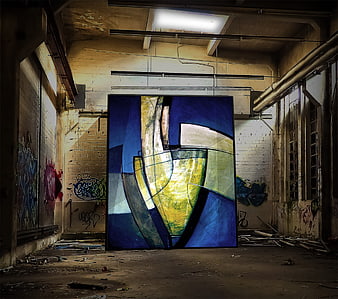 Abstract painting in abandoned industrial ruin