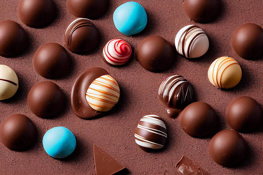 Assorted chocolate truffles and pralines on cocoa powder background