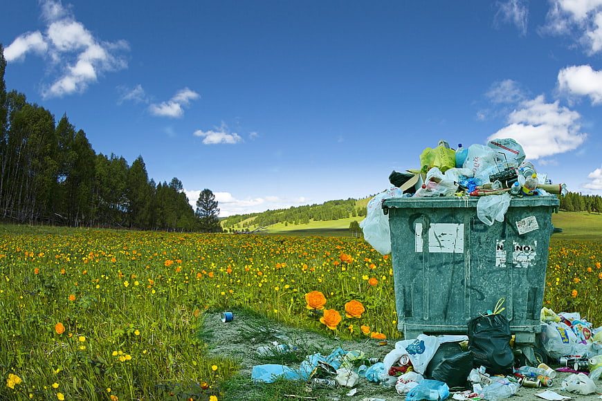 Overflowing Trash Bin In Wildflower Meadow Environmental Pollution