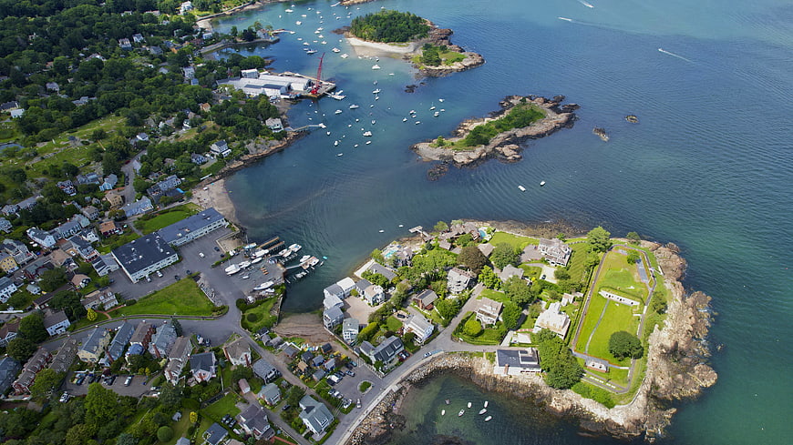 Aerial View of Coastal Town with Islands and Harbor