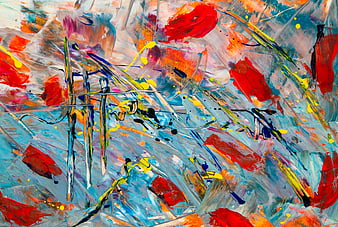 Abstract Acrylic Painting with Vibrant Red, Blue, and Yellow Brushstrokes