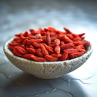 Dried goji berries in rustic ceramic bowl