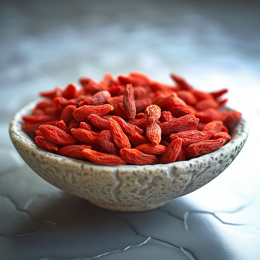 Dried goji berries in rustic ceramic bowl