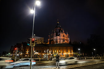 Uspenski Cathedral Helsinki Night with Traffic Blur