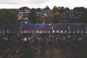 Aerial View of Brick Terraced Houses with Back Gardens